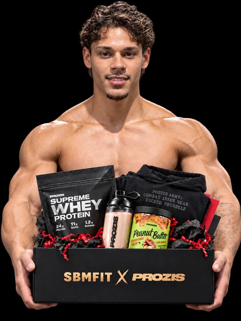 Le pack PROZIS à gagner : protéine, shaker, beurre de cacahuète et vêtement dans un carton